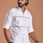 Stylish White Hunting Shirt with Blue Strip | Premium Men's Sportswear | Classic Outdoor Design | Comfortable Cotton Fabric | Size 36-44